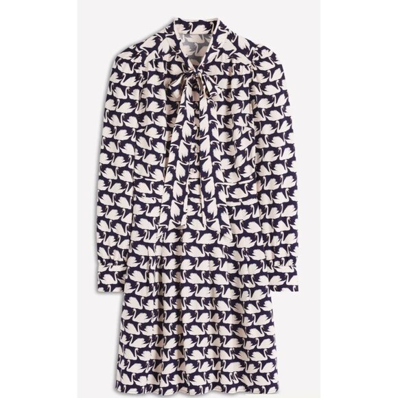 NWT Women's Boden Tie Neck Short Dress French Navy + White Swan Print Size 6R - Picture 3 of 9